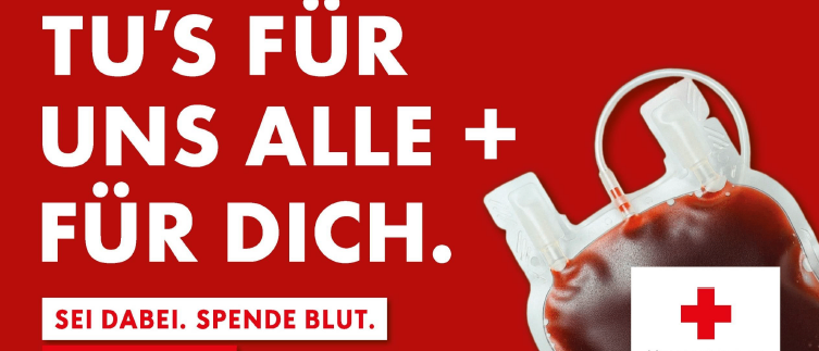 Plakat für eine Blutspende-Veranstaltung mit einem Blutbeutel, rotem Kreuz-Logo und Angaben zu Datum, Uhrzeit und Ort. Das Plakat ermutigt Menschen, teilzunehmen und Blut zu spenden.