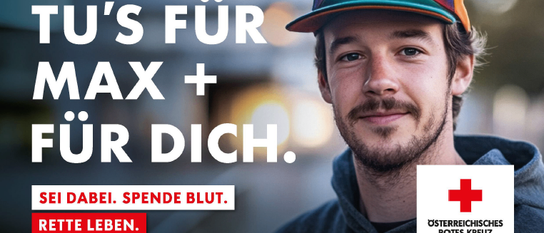 Ein Plakat für eine Blutspendeveranstaltung am 3. August 2026 von 15:30 bis 20:30 Uhr an der Mittelschule St. Marein im Lavanttal. Das Plakat zeigt einen Mann und das Rote-Kreuz-Logo.