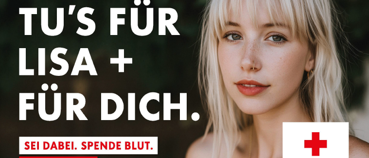 Plakat für eine Blutspendeveranstaltung am 7. August 2026 von 12:00 bis 19:00 Uhr im Fachmarktzentrum Wolfsberg. Das Plakat zeigt eine Frau mit blonden Haaren und einer Halskette.