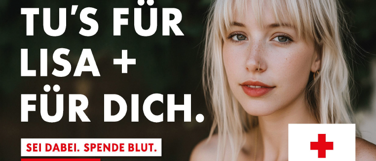 Ein Plakat für eine Blutspendeveranstaltung am 15. September 2026 von 15:30 bis 20:00 Uhr an der Volksschule St. Michael im Lavantall, St. Michael 100. Es zeigt eine Frau in einem roten Kleid mit einem roten Kreuz-Logo.