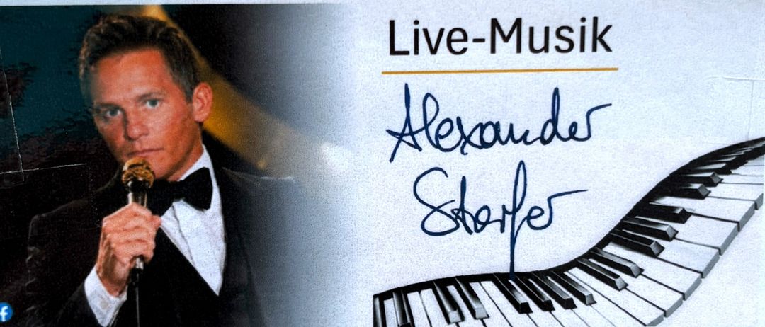 Ein Plakat für Live-Musik von Alexander Schorf bei Yia Mas, mit einem Koch und Klaviertasten.