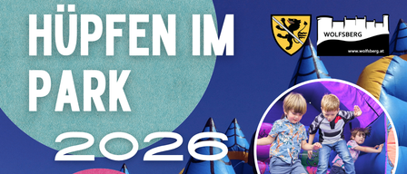Poster for Park 2026 event featuring children playing in a bouncy castle with ice cream and a magician. Date: 11/12.09.2026, Time: 10-18, Location: Kapuzinerpark in Wolfsberg. Free entry.