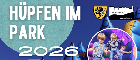 An event poster for Park 2026, featuring children playing in a bouncy castle, with details about free entry, dates, and activities.