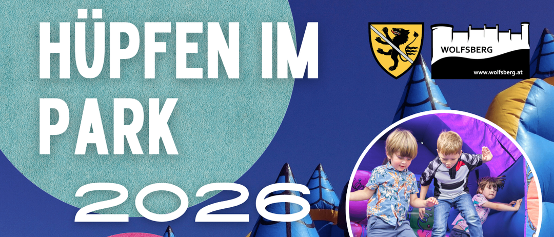 Ein Veranstaltungsplakat für Park 2026, das Kinder in einem Hüpfburg zeigt, mit Informationen über freien Eintritt, Daten und Aktivitäten.