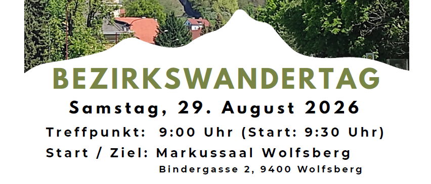 Plakat für eine Bezirkswanderungsveranstaltung am 29. August 2026 mit einer malerischen Ansicht einer Burg und eines Berges. Die Veranstaltungsdetails umfassen Treffpunkt, Routen und eine freundliche Botschaft.
