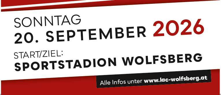 Plakat für eine Veranstaltung am 20. September 2026 mit Silhouetten von Läufern auf einer Laufbahn vor einem Stadion im Hintergrund. Das Plakat enthält Logos für Wolfsberg, Kärntner Sparkasse und ein Löwenwappen.