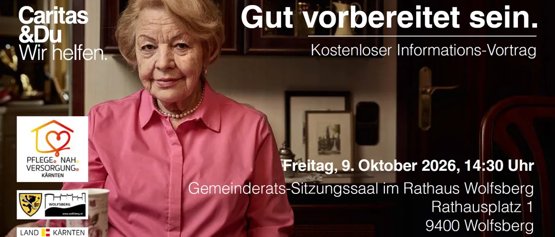 Eine ältere Frau in einem rosa Hemd lächelt in die Kamera. Der Hintergrund zeigt einen Holzschrank mit gerahmten Bildern und einem Textüberlagerung, der 'Gut vorber' und 'Kostenloser In Freitag, 9. Oktober Gemeinderats-Sitzungssaal im' lautet.