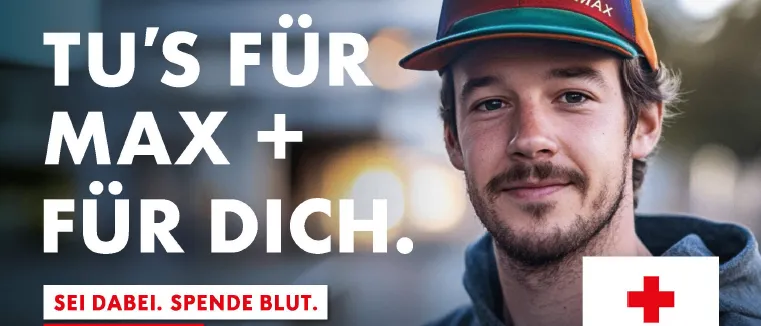 Plakat für eine Blutspendeveranstaltung in Österreich am 19. Oktober 2026 mit einem Mann und dem Roten Kreuz Logo.