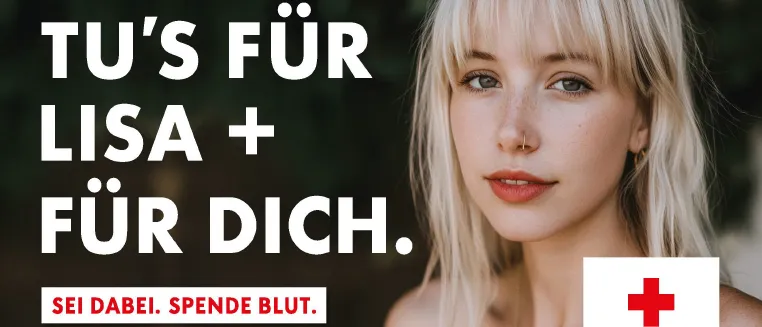 Ein Plakat mit dem Gesicht einer Frau und Text auf Deutsch, das eine Blutspendeveranstaltung am 8. Oktober 2026 in der Mittelschule St. Marein im Lavanttal bewirbt.