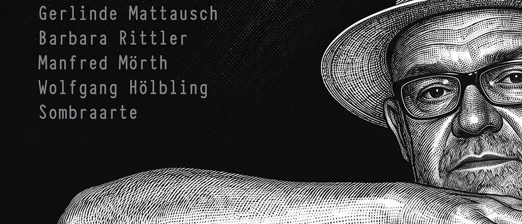 Ein schwarz-weißes Poster mit einer Zeichnung eines Mannes, der einen Hut und eine Brille trägt. Unter der Zeichnung befindet sich eine Liste von Namen und Daten.