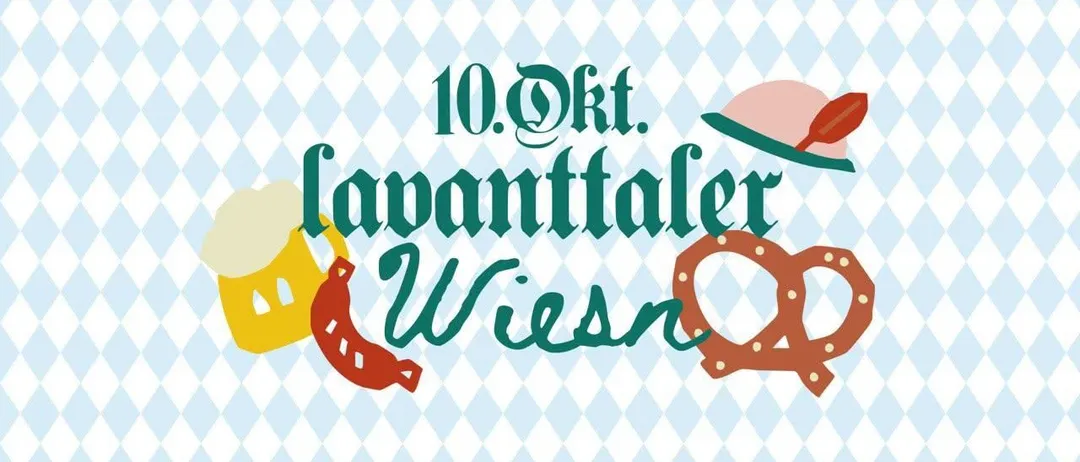 Ein blau-weiß kariertes Hintergrund mit dem Text '10. Okt. Lavantaler Wiesn' und Illustrationen von einem Bierkrug, Brezel, Wurst und einem Hut.