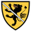 Ein Wappenschild mit einem schwarzen Wolf auf einem gelben Schild, der ein Schwert mit einem silbernen Streifen darauf hält und einen Blatt auf der rechten Seite.