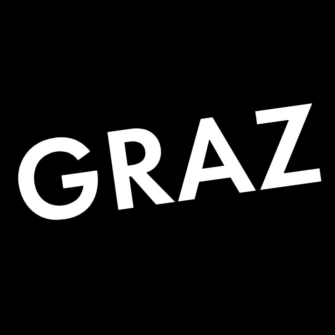 Das Wort 'GRAZ' ist in weißen Großbuchstaben auf schwarzem Hintergrund geschrieben. Es ist in einer modernen, serifenlosen Schriftart.