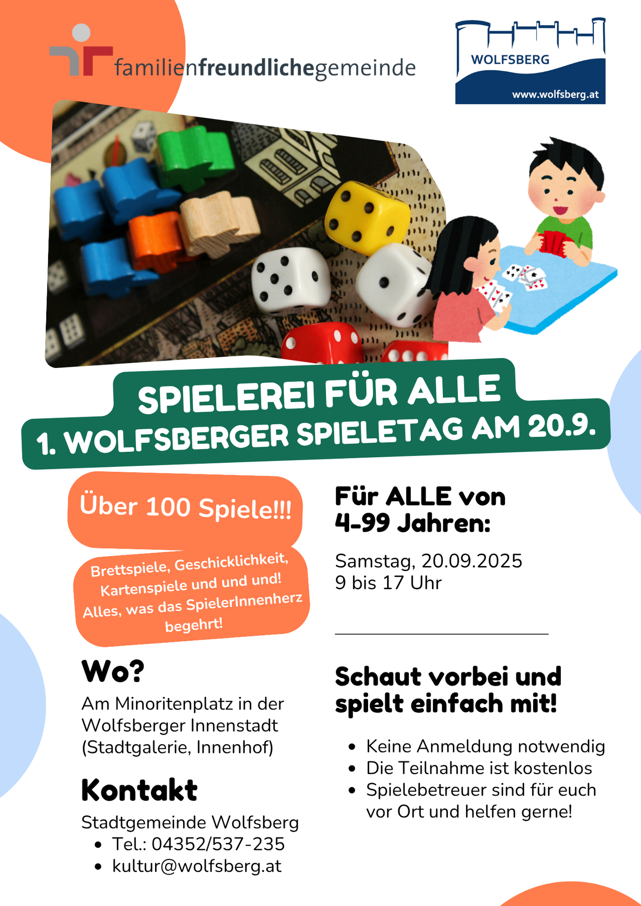 Ein Veranstaltungsplakat für den Wolfsberger Spieltag mit einem Jungen und einem Mädchen, die Brettspiele spielen. Über 100 Spiele, Samstag, 20.09.2025, 9 bis 17 Uhr.