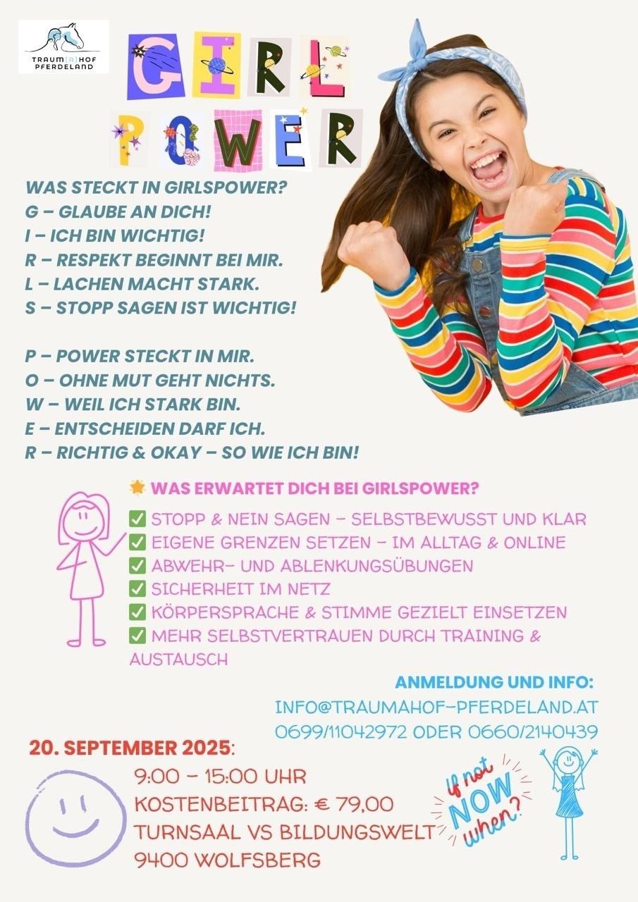 Girlpower-Poster mit einem lächelnden Mädchen in buntem Outfit. Es enthält eine Liste von Ermächtigungsprinzipien und Erwartungen für Teilnehmer. Kontaktinformationen und Anmeldedatum sind ebenfalls angegeben.