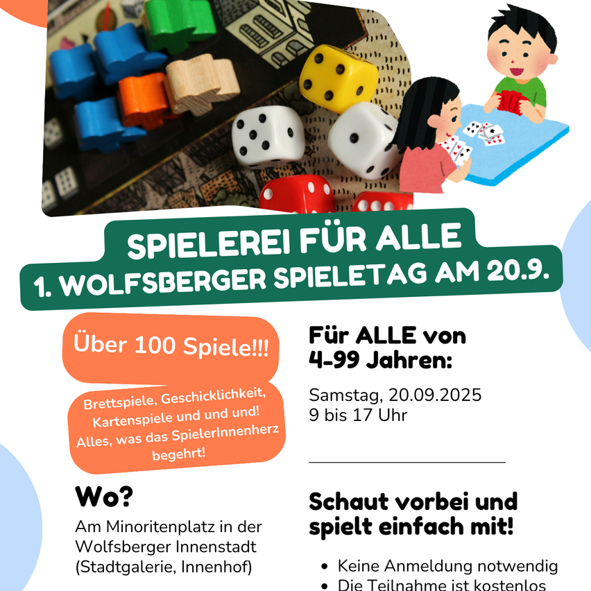 Ein Poster für den 1. Wolfsberger Spieltag am 20.9. Es zeigt verschiedene Spiele, Würfel und spielende Kinder. Über 100 Spiele verfügbar. Samstag, 20.09.2025, 9 bis 17 Uhr.