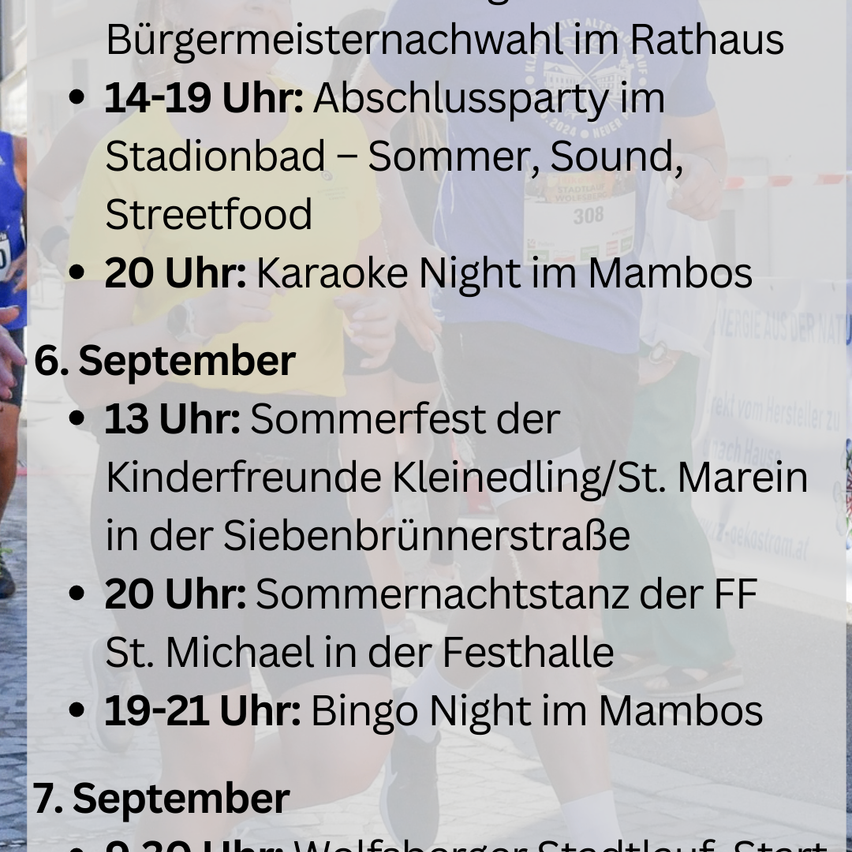 Plakat mit Veranstaltungen für den 6. und 7. September. Beinhaltet Bürgermeisterwahl, Abschlussparty, Streetfood, Karaoke, Sommerfest und mehr.