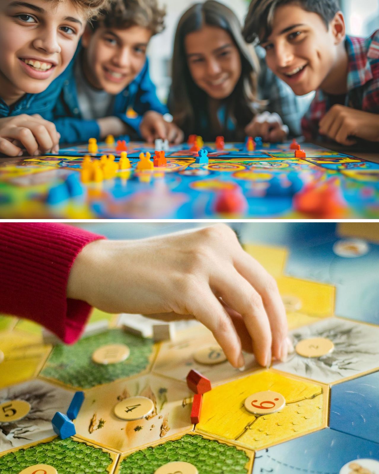 Eine Gruppe von Kindern spielt ein Brettspiel mit sechseckigen Kacheln, nummerierten Teilen und bunten Spielfiguren. Ein Kind hält eine gelbe sechseckige Kachel mit der Nummer sechs.