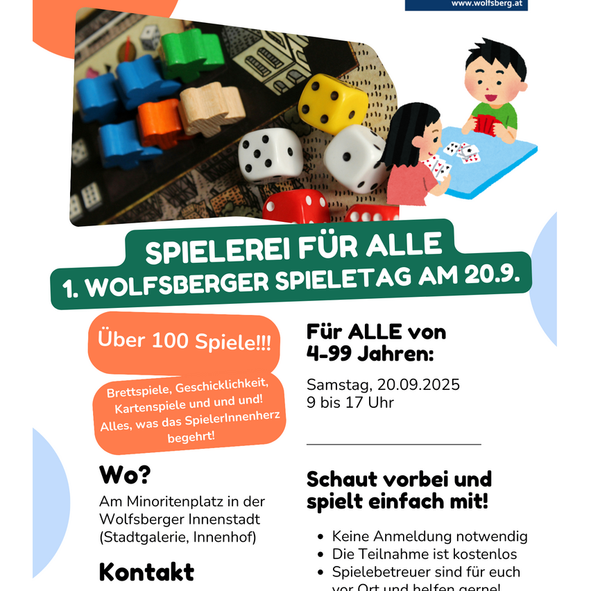 Eine Anzeige für den 1. Wolfsberger Spieltag am 20.09. Ein Kind spielt mit Würfeln und Karten. Über 100 Spiele für alle Altersgruppen. Anmeldung nicht erforderlich.