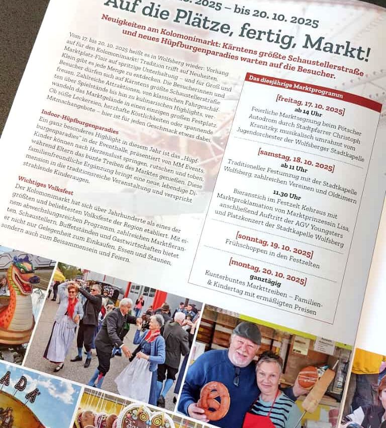 Ein Dokument zeigt ein Festivalprogramm mit verschiedenen Veranstaltungen zu bestimmten Terminen im Oktober 2025. Das Festival findet in Wolfsberg statt und bietet traditionelle Musik, Kinderaktivitäten und einen Markt. Der Text ist in Deutsch.