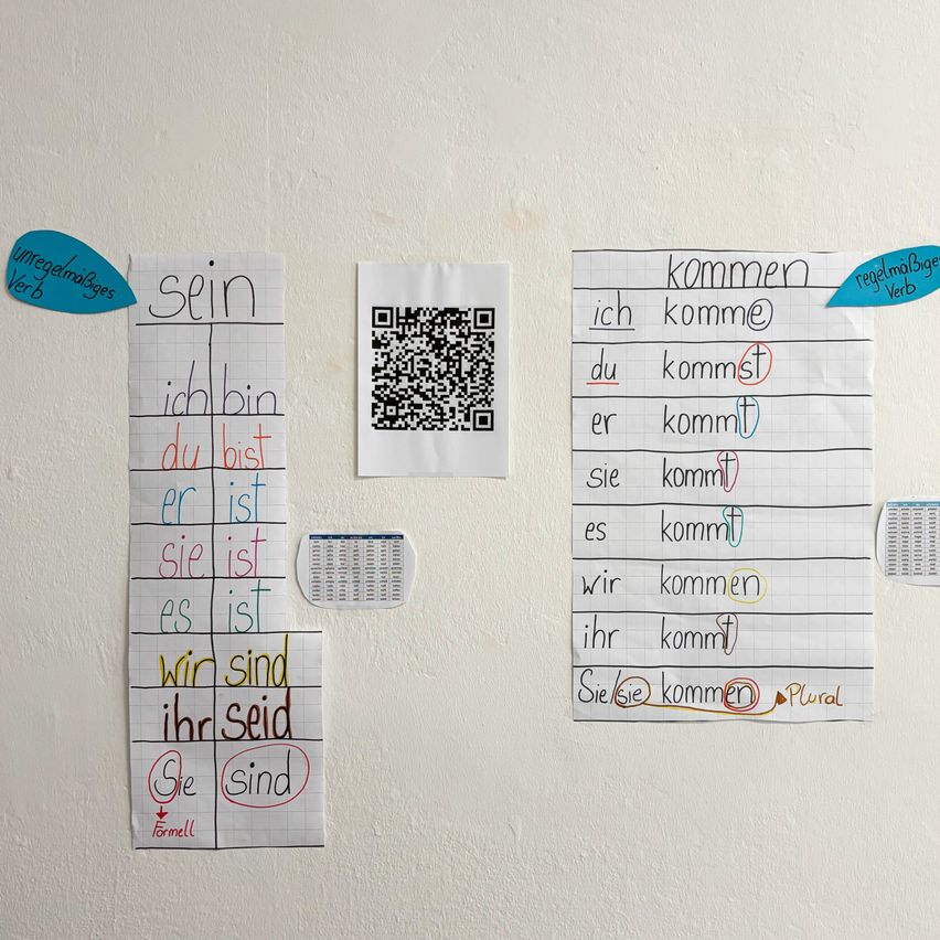 Eine Klassenzimmerwand mit zwei Tafeln, eine für 'sein' und eine für 'kommen' auf Deutsch. Jede Tafel zeigt Konjugationen der Verben in verschiedenen Zeiten.