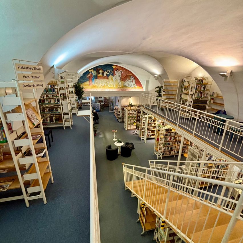 Eine Luftaufnahme einer Bibliothek mit gewölbten Decken, Bücherregalen und einem Wandbild. Die Bibliothek hat einen blauen Teppichboden und eine Treppe mit weißen Geländern.