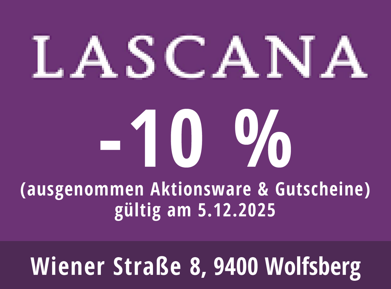 Ein lila Plakat kündigt 10% Rabatt auf genommene Aktionsware & Gutscheine an, gültig bis 5.12.2025. Es befindet sich in der Wiener Straße 8, 9400 Wolfsberg.