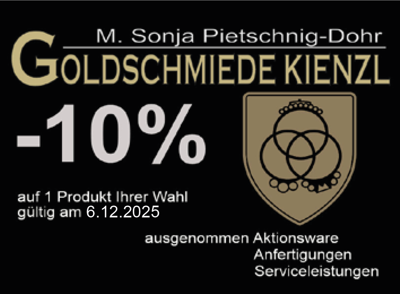 Eine Werbung für Goldschmiede mit einem Rabatt von 10% auf das Produkt der Wahl, aufgenommen am 6. Dezember 2025. Die Dienstleistungen umfassen Schmuckreparaturen.