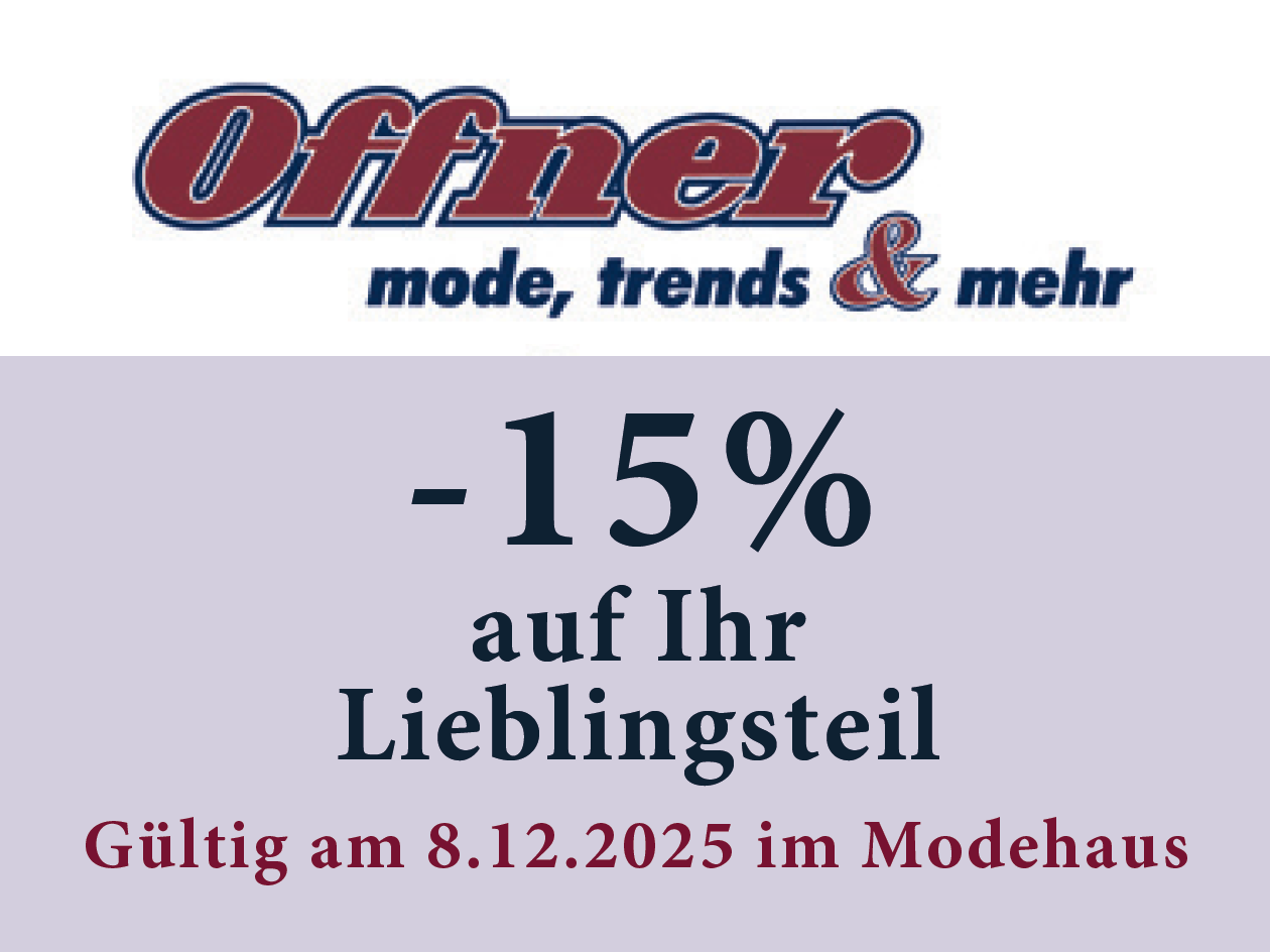An advertisement for Offner fashion store, offering 15% off on favorite item until December 8, 2025.