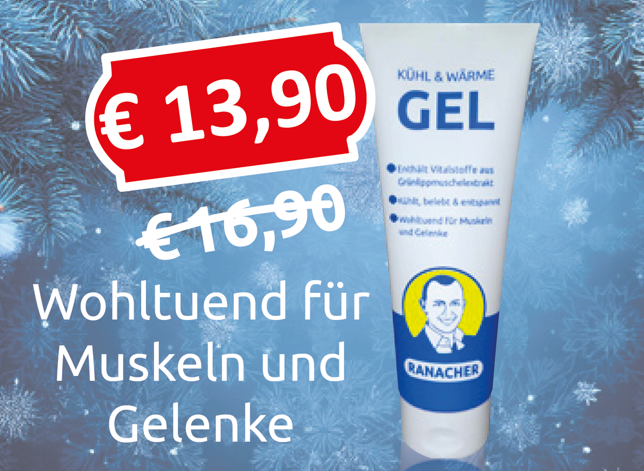 Werbung für ein Kühlgel für Muskeln und Gelenke mit Preisreduzierung von 16,90 auf 13,90 Euro.