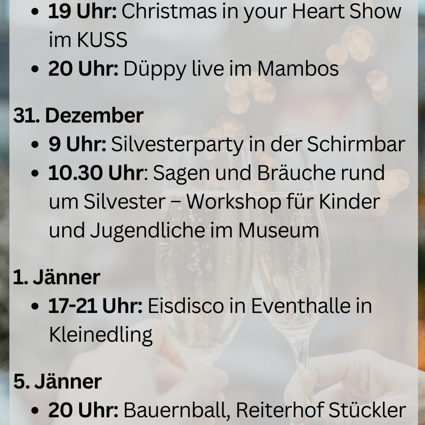 Das Bild zeigt einen Zeitplan mit Veranstaltungen, Uhrzeiten und Aktivitäten. Am 31. Dezember finden eine Weihnachtsshow um 19 Uhr und eine Live-Veranstaltung um 20 Uhr statt. Am 1. Januar gibt es eine Silvesterparty um 9 Uhr und ein Workshop um 10:30 Uhr. Am 5. Januar findet eine Eisdisco von 17 bis 21 Uhr statt.