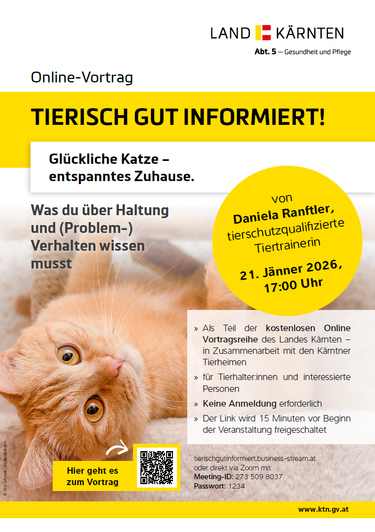 Eine Anzeige für einen Online-Vortrag über Tierpflege. Es zeigt eine entspannte Katze mit einem QR-Code für den Zugang. Die Veranstaltung wird von Daniela Ranftler, einer zertifizierten Tiertrainerin, veranstaltet. Das Datum ist der 21. Jänner 2026, um 17:00 Uhr.