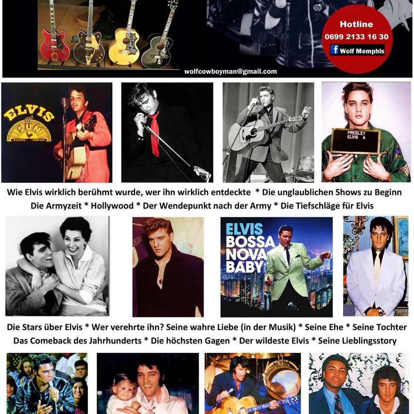 Eine Collage von Bildern mit Elvis, darunter Szenen aus seinem Militärdienst, seiner Hollywood-Karriere und seinem Privatleben. Höhepunkte sind seine Berühmtheit, Ehe, Tochter und sein Comeback. Gitarren und eine Kontaktnummer sind ebenfalls zu sehen.