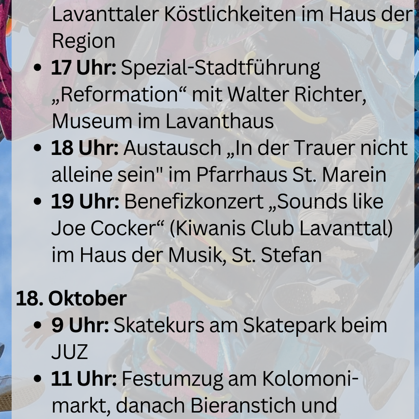 Plakat für kulturelle Veranstaltungen im Lavantaler Haus. Beinhaltet eine spezielle Stadtführung, einen Austausch und ein Benefizkonzert. Termine umfassen den 17. und 18. Oktober.