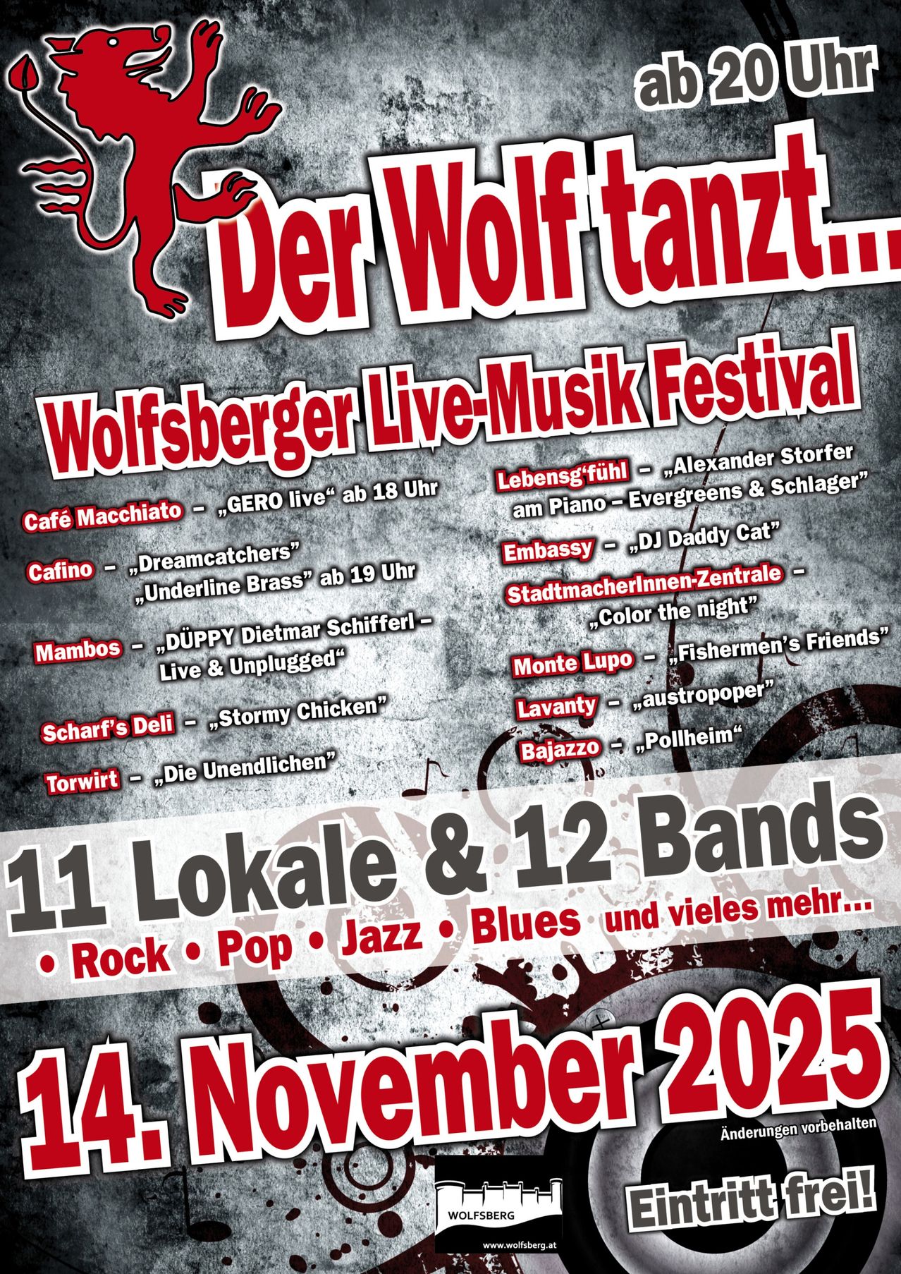 Wolfsberger Live-Musik Festival on November 14, 2025. 11 local and 12 bands playing rock, pop, jazz, blues. Shows at various venues.