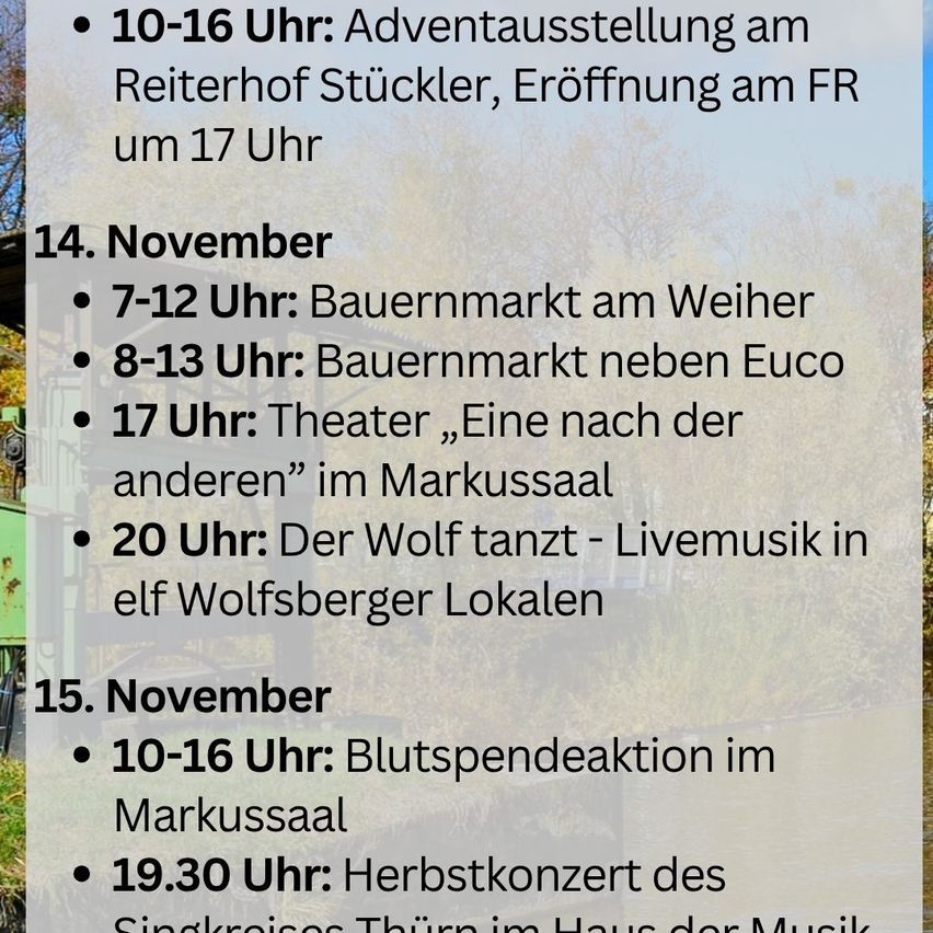 November 14th, 7-12 pm: Farmers market at Weiner. 8-13 pm: Farmers market near Euco. 5 pm: Theater 'One after the other' in Markussaal. 8 pm: The Wolf dances - Live music in elf Wolfsberger locals.