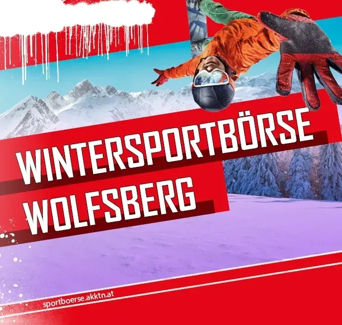 A snowboarder in an orange outfit performs a trick in the air. The background features snowy mountains and the text Wintersportbrse Wolfsberg.