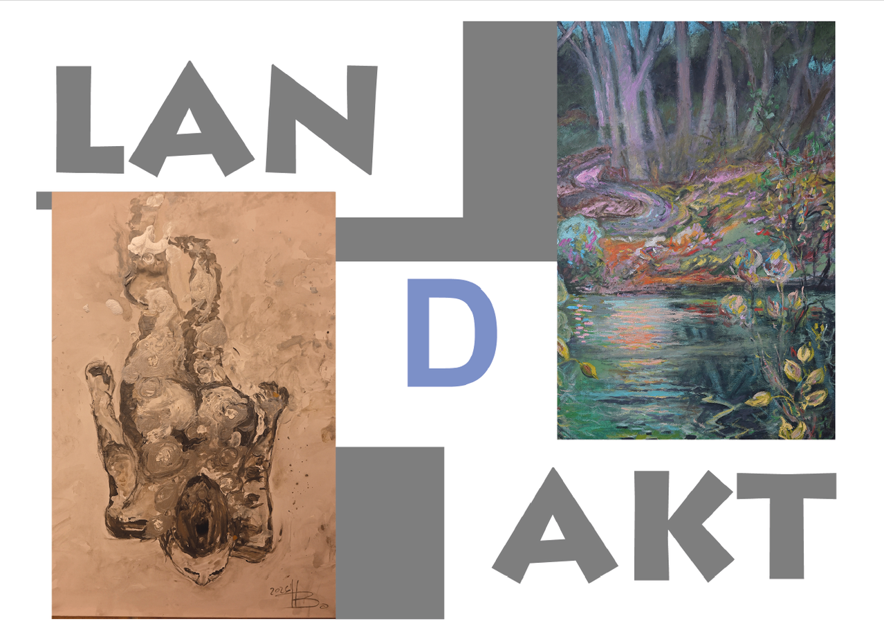 The collage features three paintings: a stylized human figure, the letters 'AND', and a landscape with trees and a river.