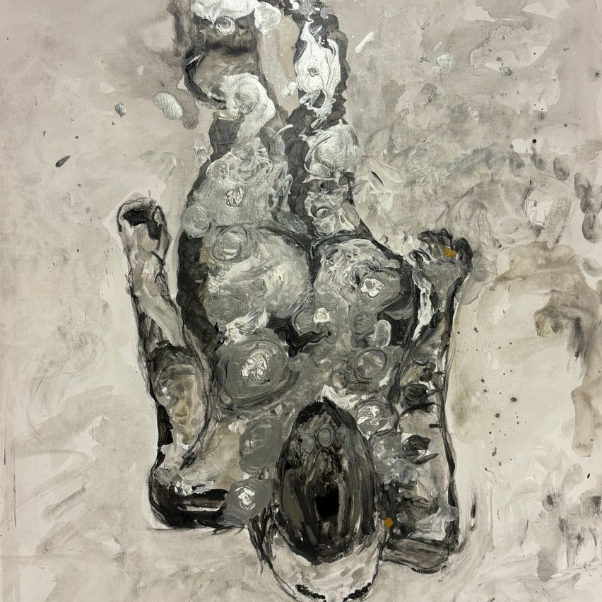 An abstract painting in shades of gray and black, resembling a creature floating in space. The central figure is amorphous with limbs and a core.