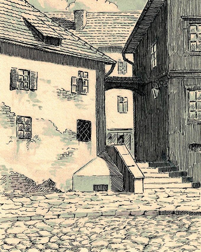 A vintage drawing of two buildings. The left one has a damaged wall and multiple windows. The right one features an entrance with stairs and a lamp.