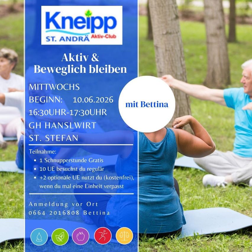 Kneipp Aktiv Club flyer. Outdoor yoga session led by Bettina. Date: June 10, 2026. Time: 4:30 PM-5:30 PM. Location: St. Stefan. Free trial.