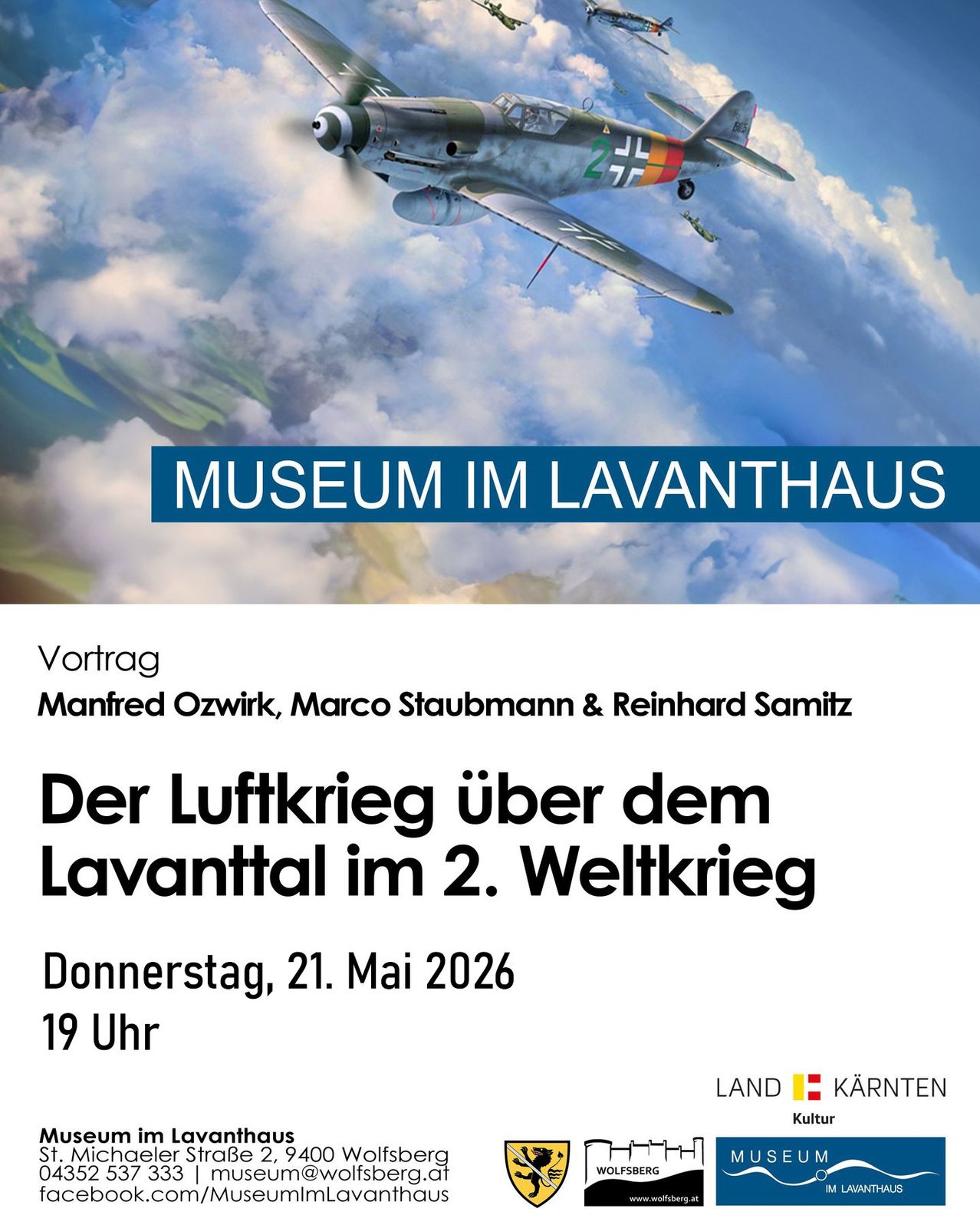 Werbeposter für einen Vortrag über Luftkrieg im Lavanttal im Zweiten Weltkrieg, mit einem Kampfflugzeug und Veranstaltungsdetails.