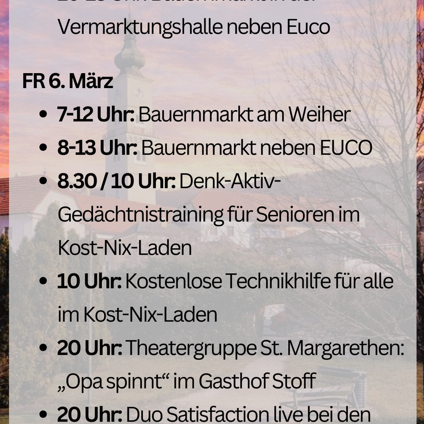 Ein Flugblatt für Veranstaltungen am 6. März, einschließlich eines Bauernmarktes, Gedächtnistraining für Senioren, kostenlose Technikhilfe und Aufführungen einer Theatergruppe und eines Duos.