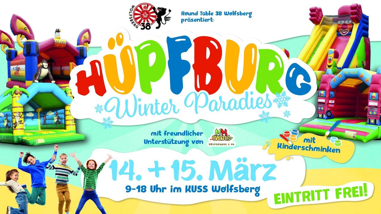 Poster for the Winter Parades event. A child is jumping and there are snowflakes around. Dates are March 14th and 15th. Times are 9-18. Presented by Round Table 38 Wolfsberg.