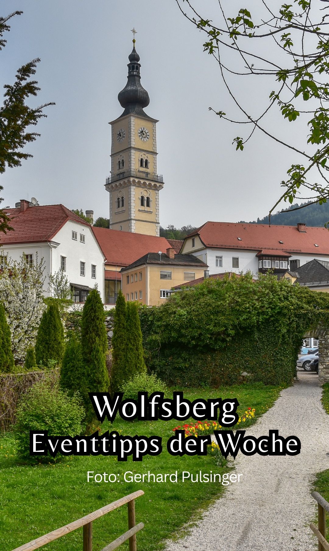 Eine Stadtlandschaft mit roten Dächern und einem hohen Turm. Der Turm hat eine Uhr und mehrere Fenster. Das Bild zeigt viel Grün und einen Weg mit einem geparkten Auto in der Ferne.