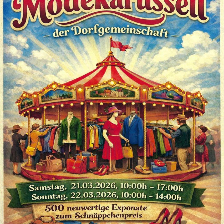 Plakat für eine Gemeinschaftsveranstaltung mit Karussell-Thema. Leute in Vintage-Kleidung verkaufen Gegenstände. Datum und Uhrzeit angegeben.