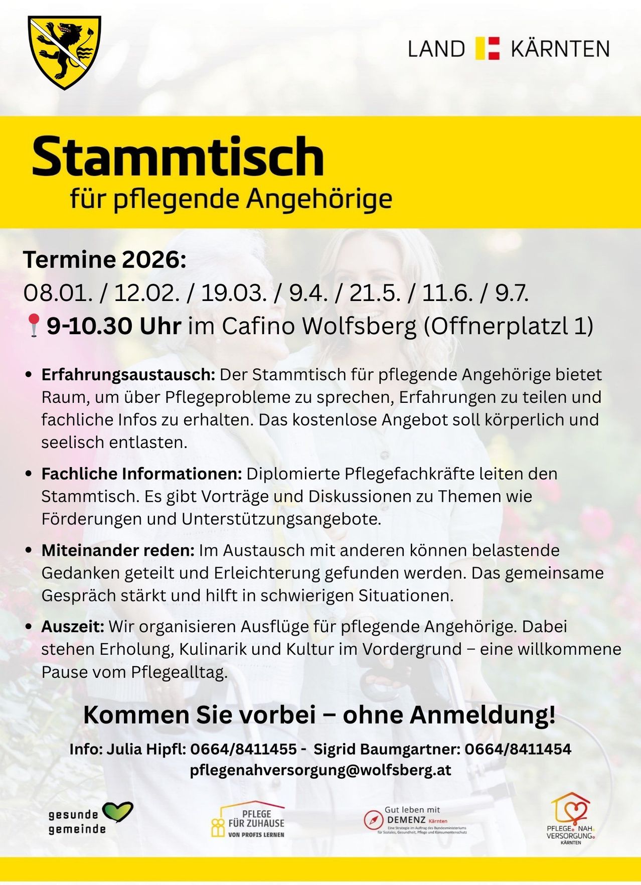 Ein Stammtisch für pflegende Angehörige findet an bestimmten Terminen 2026 statt. Er bietet Raum für Pflegeprobleme, Erfahrungsaustausch und Fachberatung. Aktivitäten umfassen Vorträge, Diskussionen, Erfahrungsaustausch und Ausflüge. Keine Anmeldung erforderlich.
