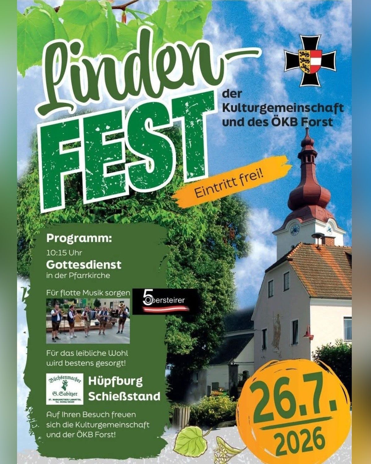 Poster for the Linden Fest, featuring a church, a group of musicians, and a date of 26.7. The poster includes a program schedule, a free admission notice, and a logo for the event.