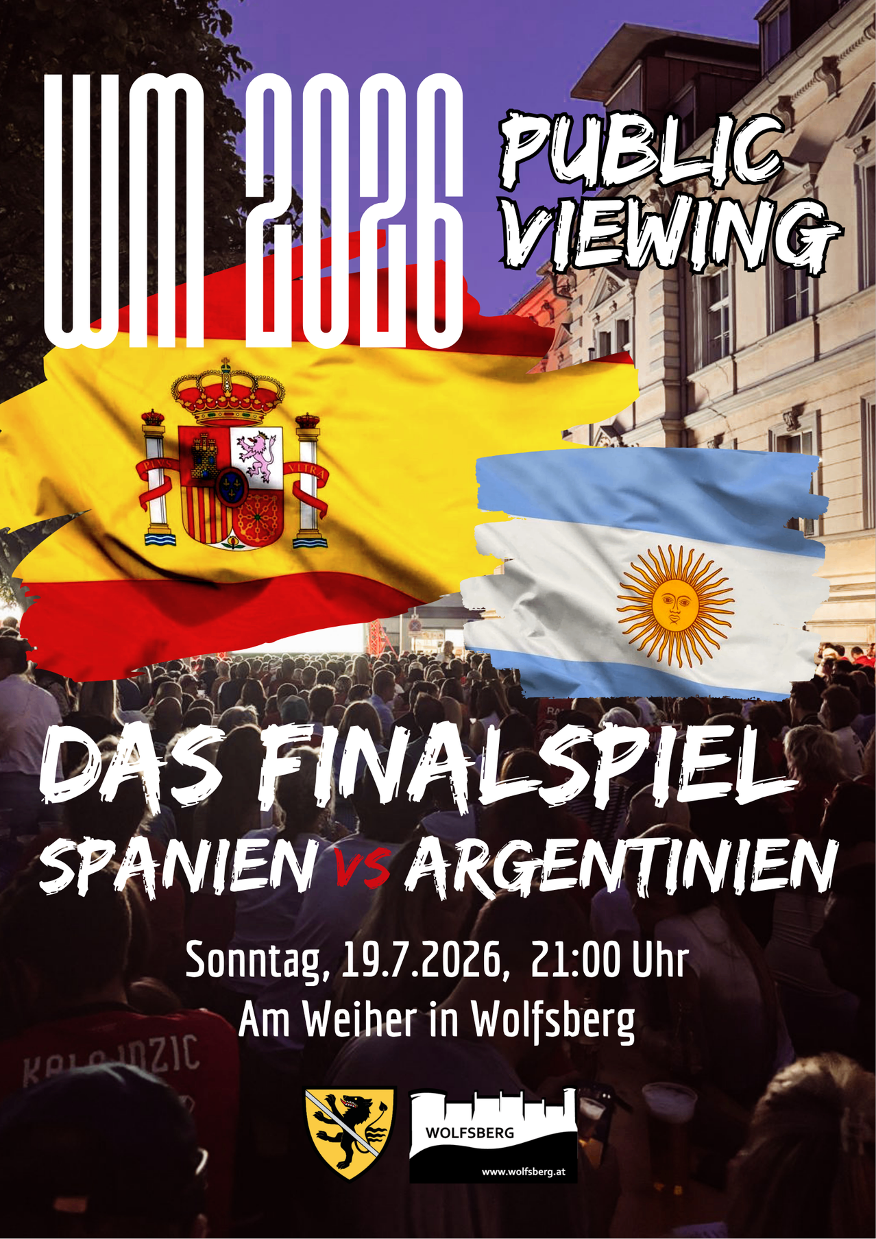 Poster for the World Cup final match between Spain and Argentina on July 19, 2026, at 9:00 PM in Wolfsberg.