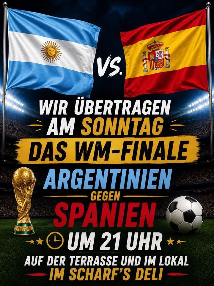 Poster for the World Cup final match between Argentina and Spain, scheduled for Sunday at 9 PM. Flags of both countries and a soccer ball are featured.